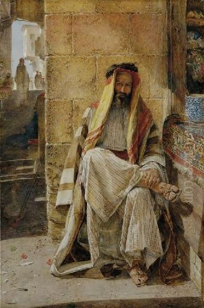 An Arabian Chief, Seated In A Cairo Bazaar Oil Painting by John Frederick Lewis