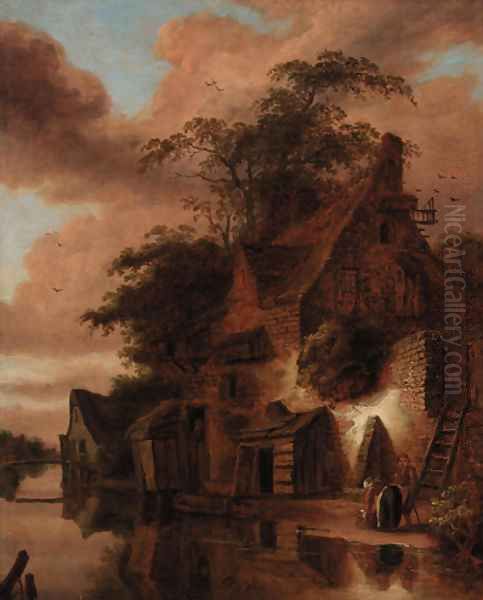 A cottage by a river Oil Painting by Roelof van Vries