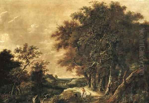 A wooded landscape with a peasant greeting a rider Oil Painting by Roelof van Vries