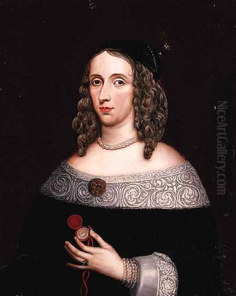 Portrait Of A Lady, Half-Length, In A Black Dress With White Lace Trim, Holding A Pocket Watch In Her Left Hand Oil Painting by Willem van der Vliet