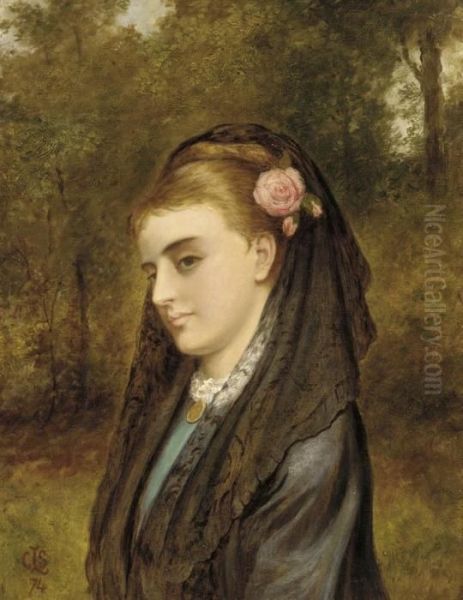 Portrait Of A Young Lady In A Black Lace Mantilla, A Pink Rose Inher Hair Oil Painting by Charles Sillem Lidderdale