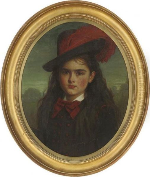 Portrait Of A Young Girl, 
Bust-length, In A Moave Coat And Hat With A Burgundy Feather, A 
Landscape Beyond Oil Painting by Charles Sillem Lidderdale