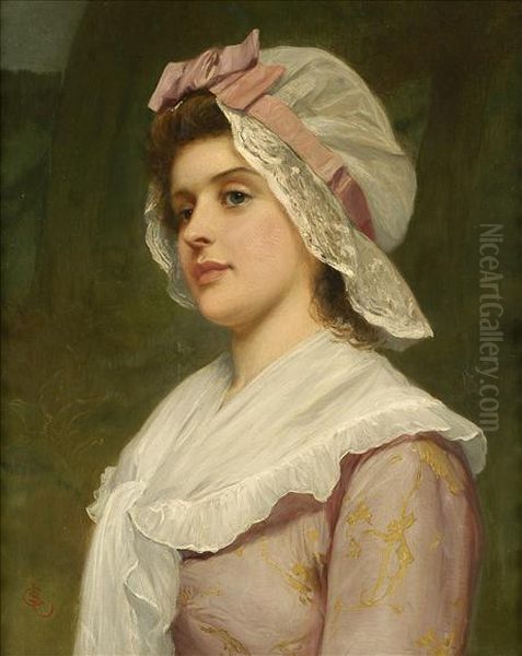 Summerbloom, Study Of A Young Woman, Half Length, Wearing Ribbon Trimmedlace Bonnet Oil Painting by Charles Sillem Lidderdale