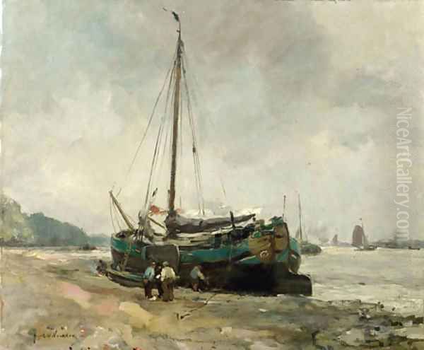 A moored Tjalk on a riverbank Oil Painting by August Willem van Voorden