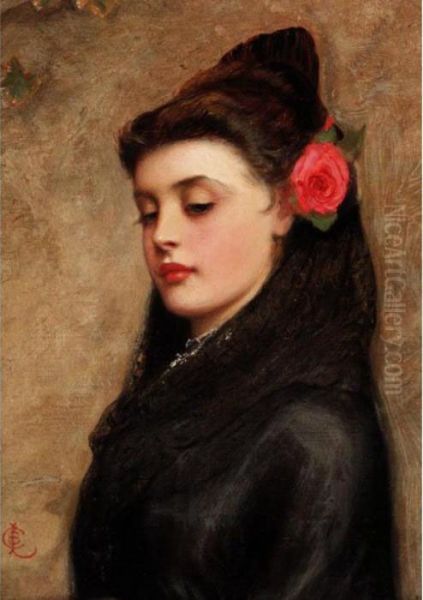 Portrait Of A Girl With A Rose In Her Hair Oil Painting by Charles Sillem Lidderdale