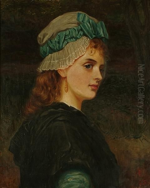 Portrait, Bust Length, Of Young Girl Wearing A Bonnet Decorated With A Blue Ribbon Oil Painting by Charles Sillem Lidderdale