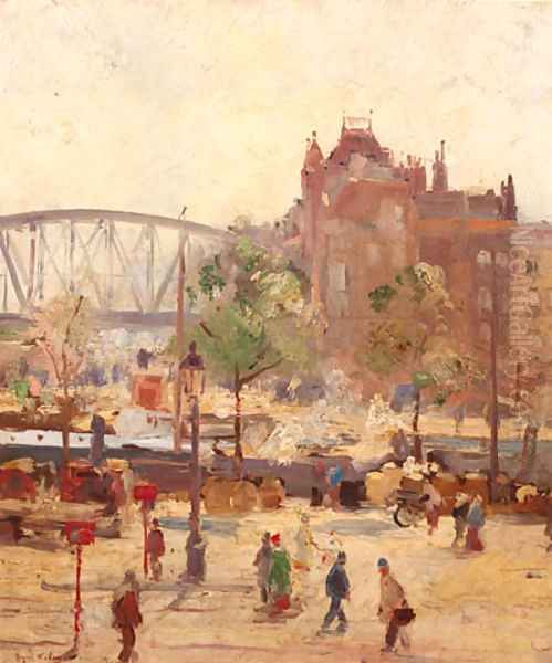 A busy quay, Rotterdam Oil Painting by August Willem van Voorden