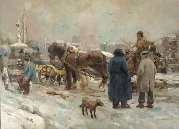 'In de sneeuw' a horse and carriage on a busy quay in winter near the Vierleeuwenbrug, Rotterdam Oil Painting by August Willem van Voorden