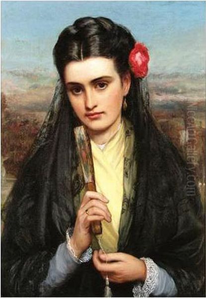 Portrait Of A Lady With A Fan Oil Painting by Charles Sillem Lidderdale