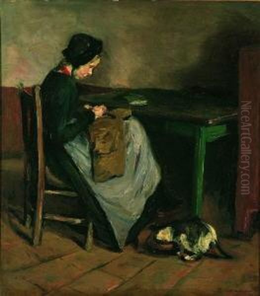 Nahendes Madchen Mit Katze - Hollandisches Interieur. Oil Painting by Max Liebermann