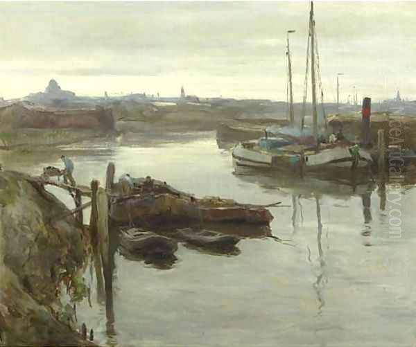 The inner harbour of Scheveningen Oil Painting by August Willem van Voorden