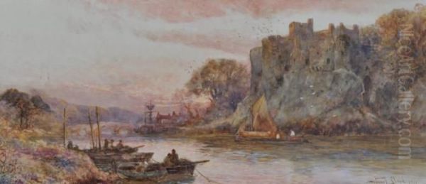 Fishermen Near Chepstow Castle At Sunset Oil Painting by Walker Stuart Lloyd