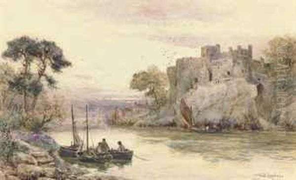 Fishermen On The River Before Chepstow Castle Oil Painting by Walker Stuart Lloyd