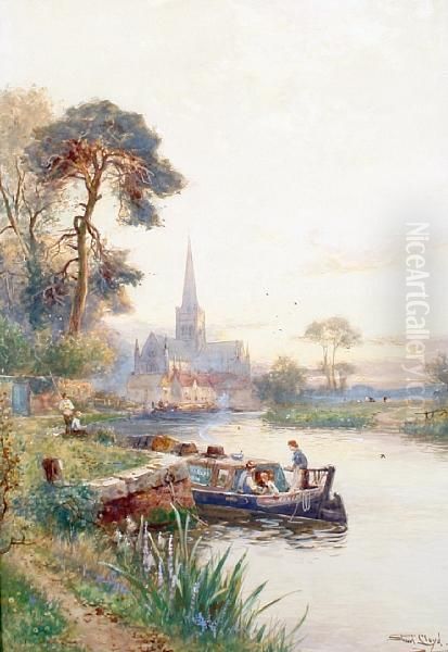 Barges On A River With A Church In Thedistance Oil Painting by Walker Stuart Lloyd