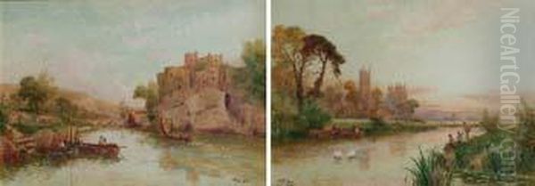 River Viewswith Figures And Various Shipping Oil Painting by Walker Stuart Lloyd