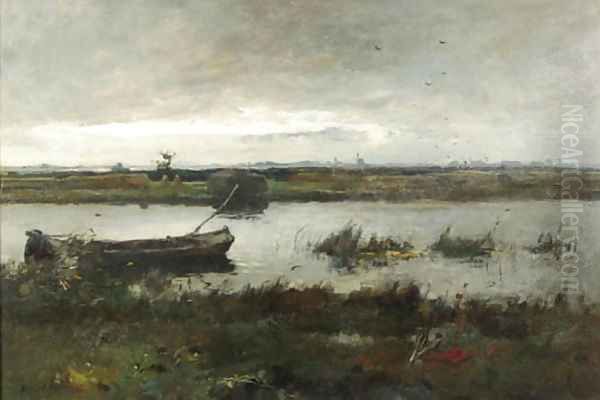 A polder landscape near Kortenhoef Oil Painting by August Willem van Voorden