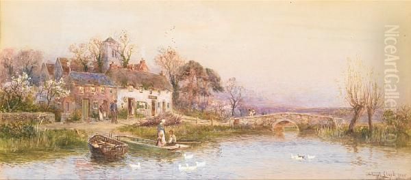 Figures Outside A Riverside Cottage; Rowing In Oil Painting by Walker Stuart Lloyd