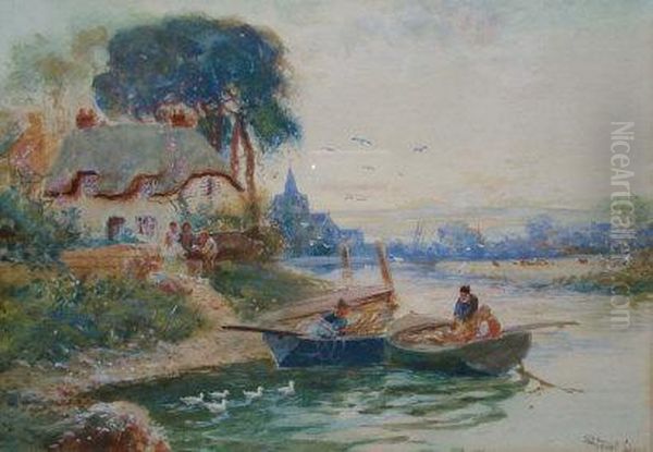 River Inlet Near Chichester Cathedral With Figures In Boats Oil Painting by Walker Stuart Lloyd