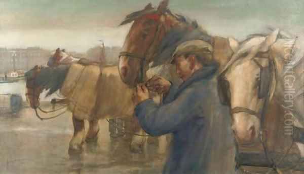 Tending to the horses on a Rotterdam quay Oil Painting by August Willem van Voorden