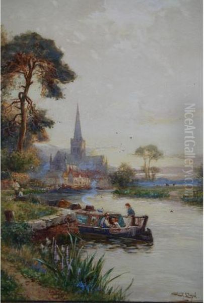 Figures On A Longboat With Figures Fishing On The River Bank And Distant Church Oil Painting by Walker Stuart Lloyd