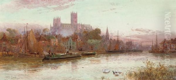 Barges On The River Witham Before Lincoln Cathedral, Dusk Oil Painting by Walker Stuart Lloyd