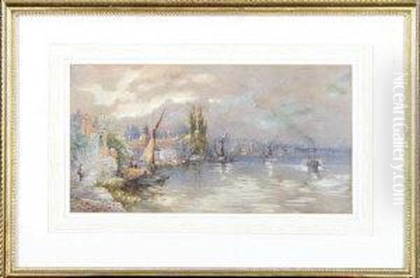 A View On The Thames With A Paddle Tug And Barges Oil Painting by Walker Stuart Lloyd