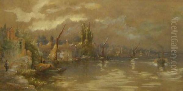 Extensive River Scene With Shipping And Figures Oil Painting by Walker Stuart Lloyd