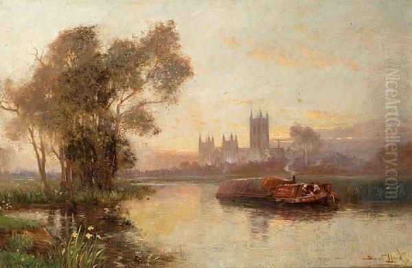 A Canal Scene Near Canterbury Oil Painting by Walker Stuart Lloyd