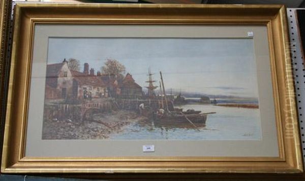 Figures Loading Nets Into Boats Near Cottages Ona Quay Oil Painting by Walker Stuart Lloyd