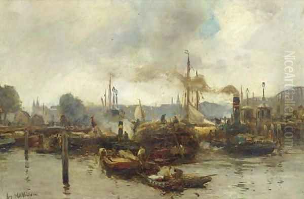 Harbour activities, Rotterdam Oil Painting by August Willem van Voorden