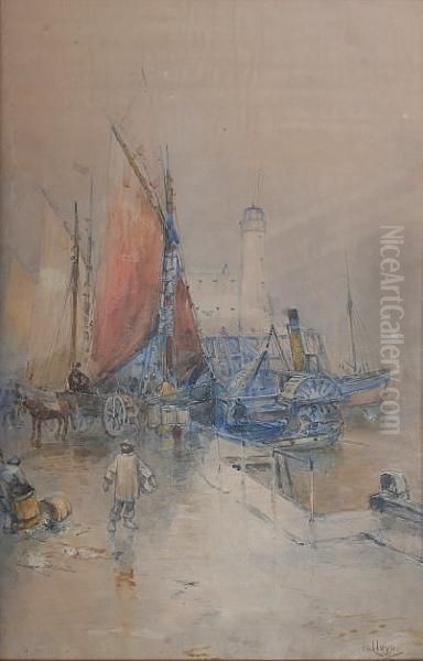 A Fishing Quayside With Boats And Paddletug Oil Painting by Walker Stuart Lloyd