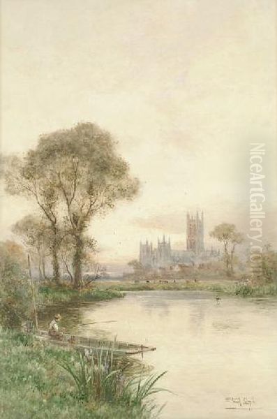 An Angler Fishing On The Stour Before Canterbury Cathedral Oil Painting by Walker Stuart Lloyd