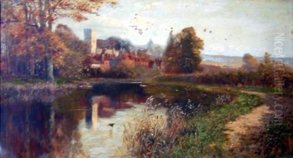 Village And Church Viewed From A River Oil Painting by Walker Stuart Lloyd