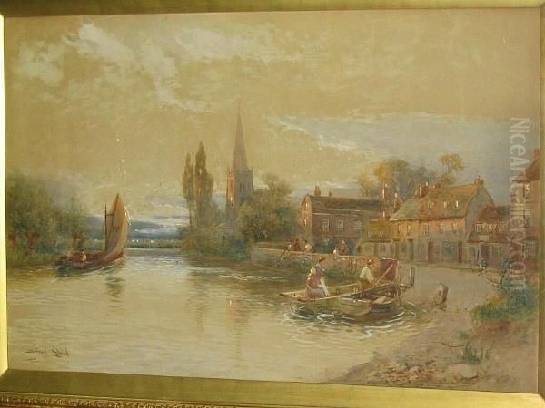 River Scene With Ferry Boat And Figures, A Village And Church Beyond Oil Painting by Walker Stuart Lloyd