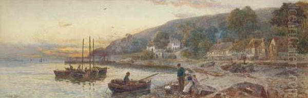 Sorting The Catch At Dusk, Babbacombe Bay, South Devon Oil Painting by Walker Stuart Lloyd