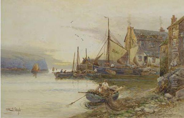 Fishing Boats In The Harbour At Polperro Oil Painting by Walker Stuart Lloyd