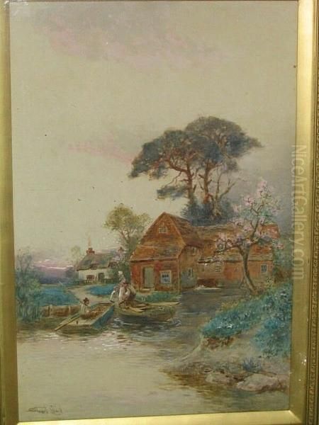 River Scene With Figures In Punts And Cottages On The Bank Oil Painting by Walker Stuart Lloyd