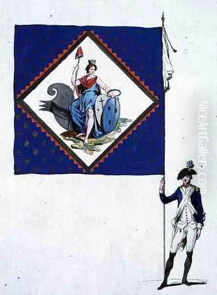 Flag of the batallion of the Carmes Dechausses, 1790 Oil Painting by R Vieilh-Varenne