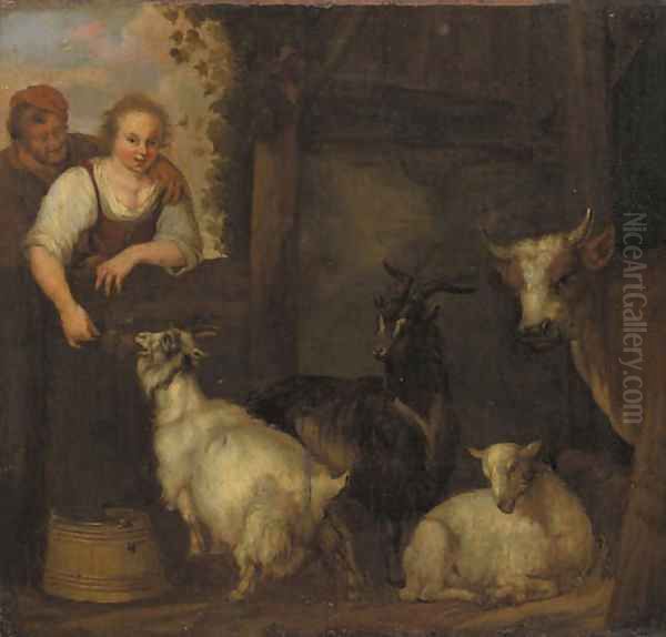 A shepherd couple courting by a barn, goats and a cow nearby Oil Painting by Francois Verwilt