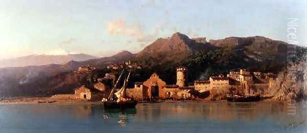 View of Taormina, Sicily, with Mount Etna in the background, 1868 Oil Painting by Alessandro la Volpe