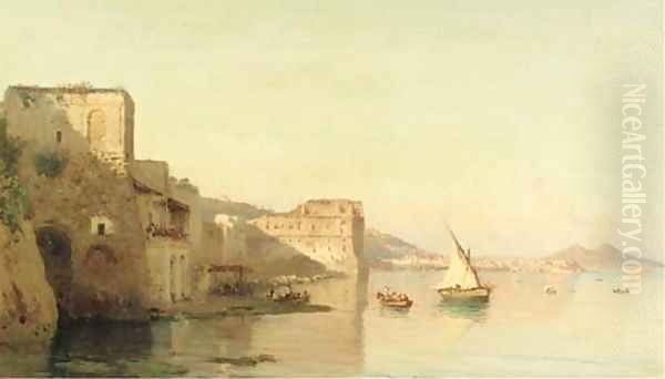 A view on Palazzo d'Anna and the bay of Naples, the Vesuvius in the distance Oil Painting by Alessandro la Volpe