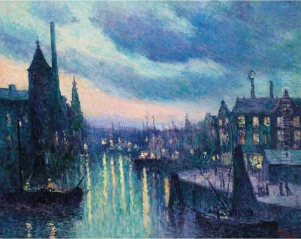 Le Port De Rotterdam, Le Soir Oil Painting by Maximilien Luce