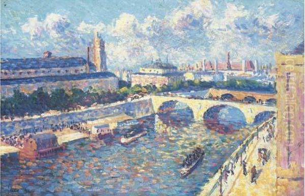 Paris, La Seine Et Le Quai De La Megisserie Vue Du Quai Del'horloge Oil Painting by Maximilien Luce