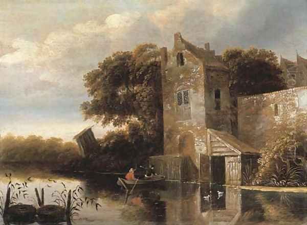 A river landscape with fishermen in a rowing boat, a farmhouse nearby Oil Painting by Michiel van Vries