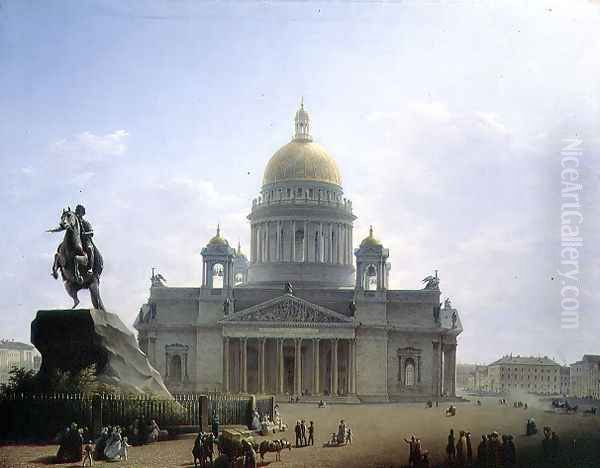 St. Isaacs Cathedral with a Statue of Peter the Great, 1844 Oil Painting by Maksim Nikiforovich Vorobiev