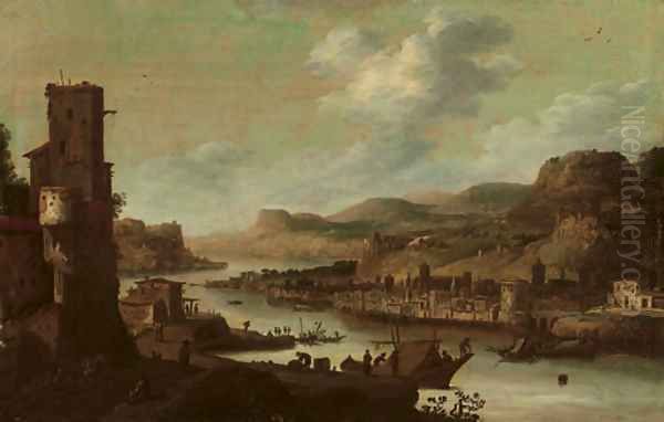 A mountainous river landscape with figures on moored ships near a ruined tower, a fortified town on the opposite river bank Oil Painting by Dirck Verhaert