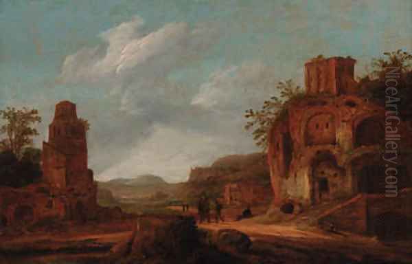 An Italianate landscape with travellers before a ruin Oil Painting by Dirck Verhaert