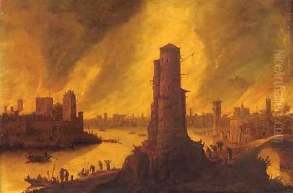 A burning city by a river with figures fleeing in the foreground Oil Painting by Dirck Verhaert