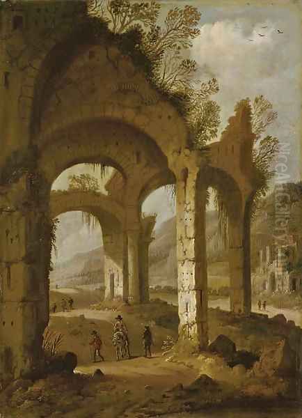 Classical ruins with travelers Oil Painting by Dirck Verhaert