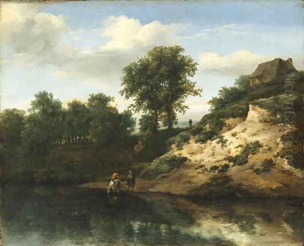 A wooded river landscape with figures conversing and a horse watering, a cottage on a hill beyond Oil Painting by Jan The Elder Vermeer Van Haarlem